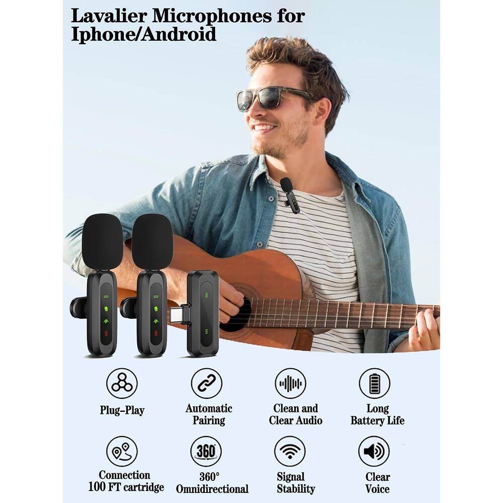 Angle. MOSZAR LLC - Wireless Lavalier Mic 2-Pack – Noise Reduction, Plug & Play for iPhone/Android (USB-C + Lightning) - Black.