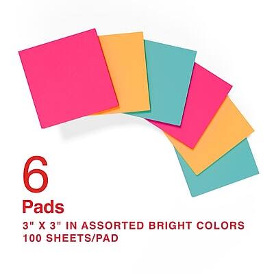 6 Pads  
3" x 3" in assorted bright colors  
100 sheets/pad