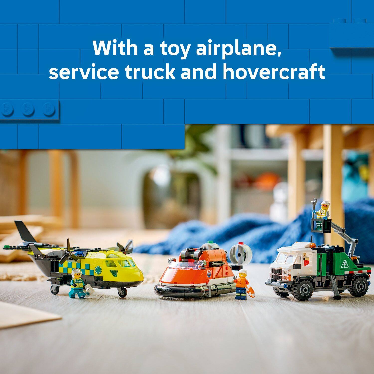 With a toy airplane, service truck and hovercraft