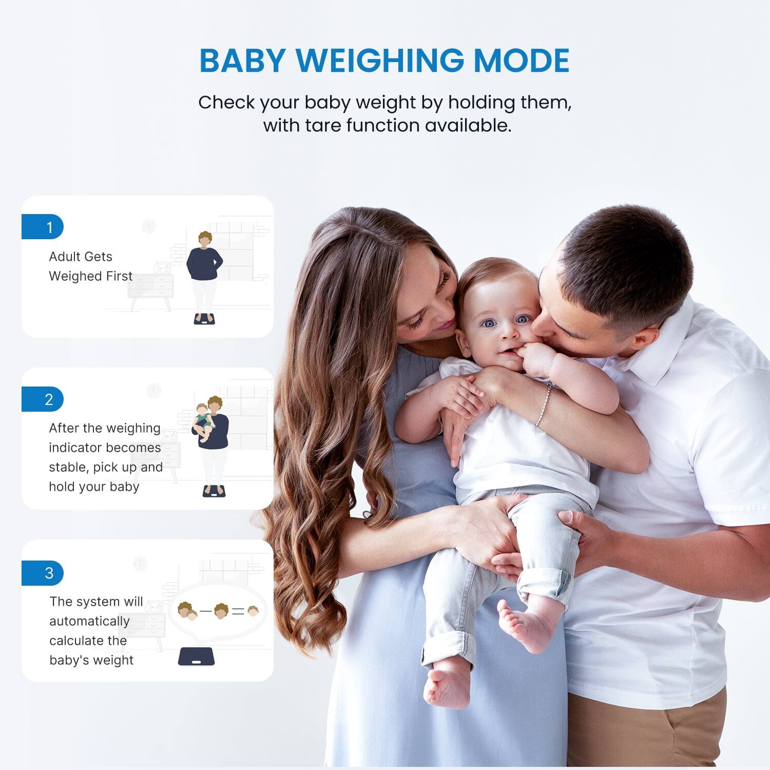 BABY WEIGHING MODE

Check your baby weight by holding them, with tare function available.

1. Adult Gets Weighed First
2. After the weighing indicator becomes stable, pick up and hold your baby
3. The system will automatically calculate the baby's weight