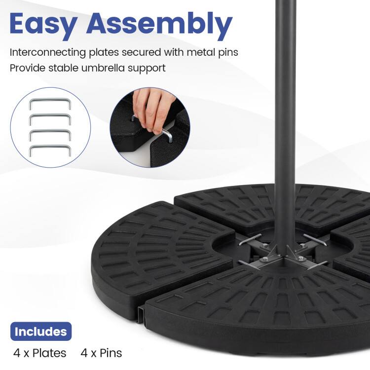 Easy Assembly  
Interconnecting plates secured with metal pins provide stable umbrella support  

Includes  
4 x Plates  
4 x Pins