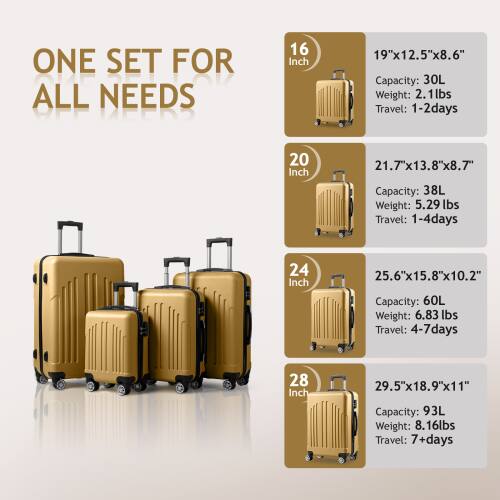 ONE SET FOR ALL NEEDS

16 Inch  
19"x12.5"x8.6"  
Capacity: 30L  
Weight: 2.1lbs  
Travel: 1-2 days

20 Inch  
21.7"x13.8"x8.7"  
Capacity: 38L  
Weight: 5.29 lbs  
Travel: 1-4 days

24 Inch  
25.6"x15.8"x10.2"  
Capacity: 60L  
Weight: 6.83 lbs  
Travel: 4-7 days

28 Inch  
29.5"x18.9"x11"  
Capacity: 93L  
Weight: 8.16lbs  
Travel: 7+ days
