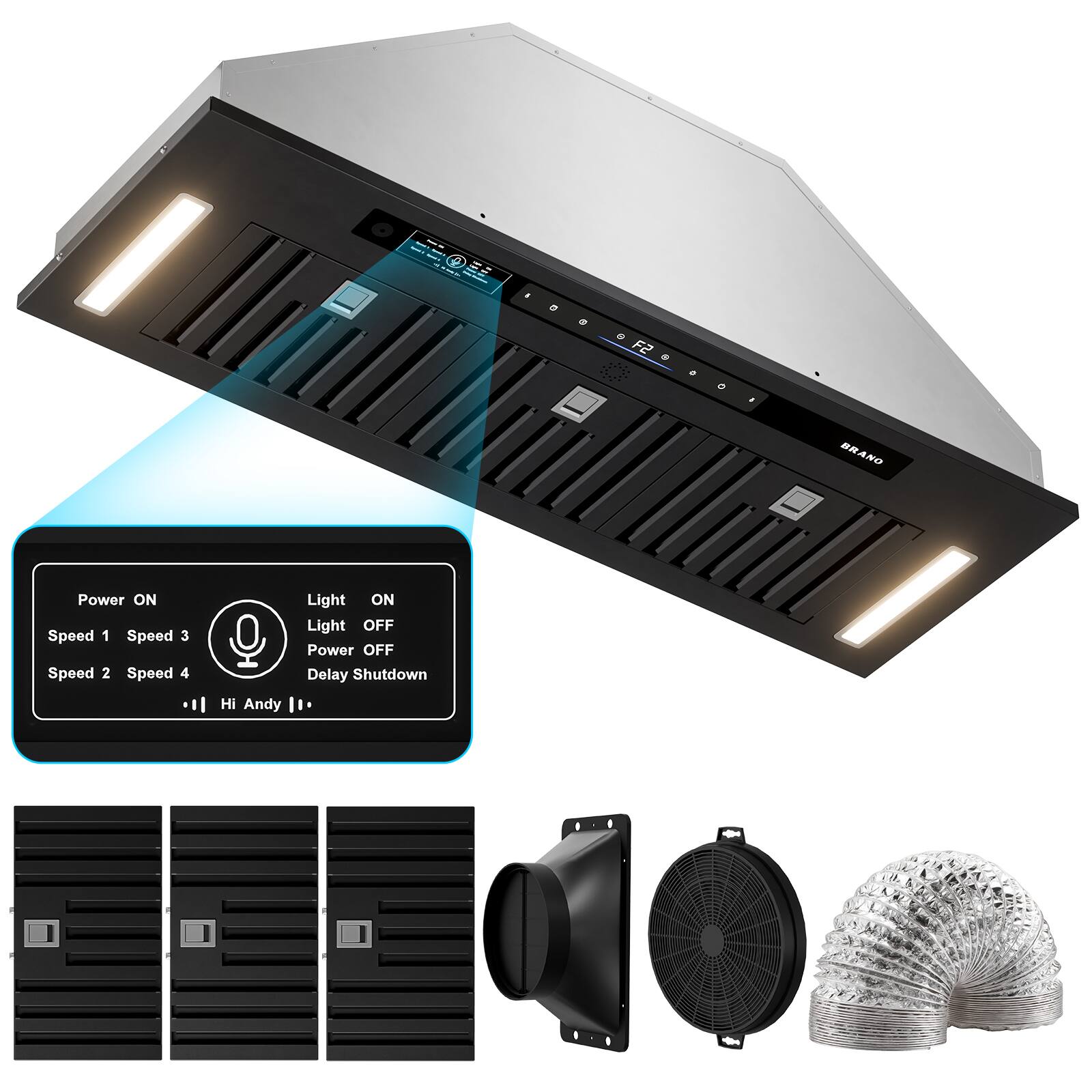 - Power ON
- Speed 1
- Speed 2
- Speed 3
- Speed 4
- Light ON
- Light OFF
- Power OFF
- Delay Shutdown
- Hi Andy