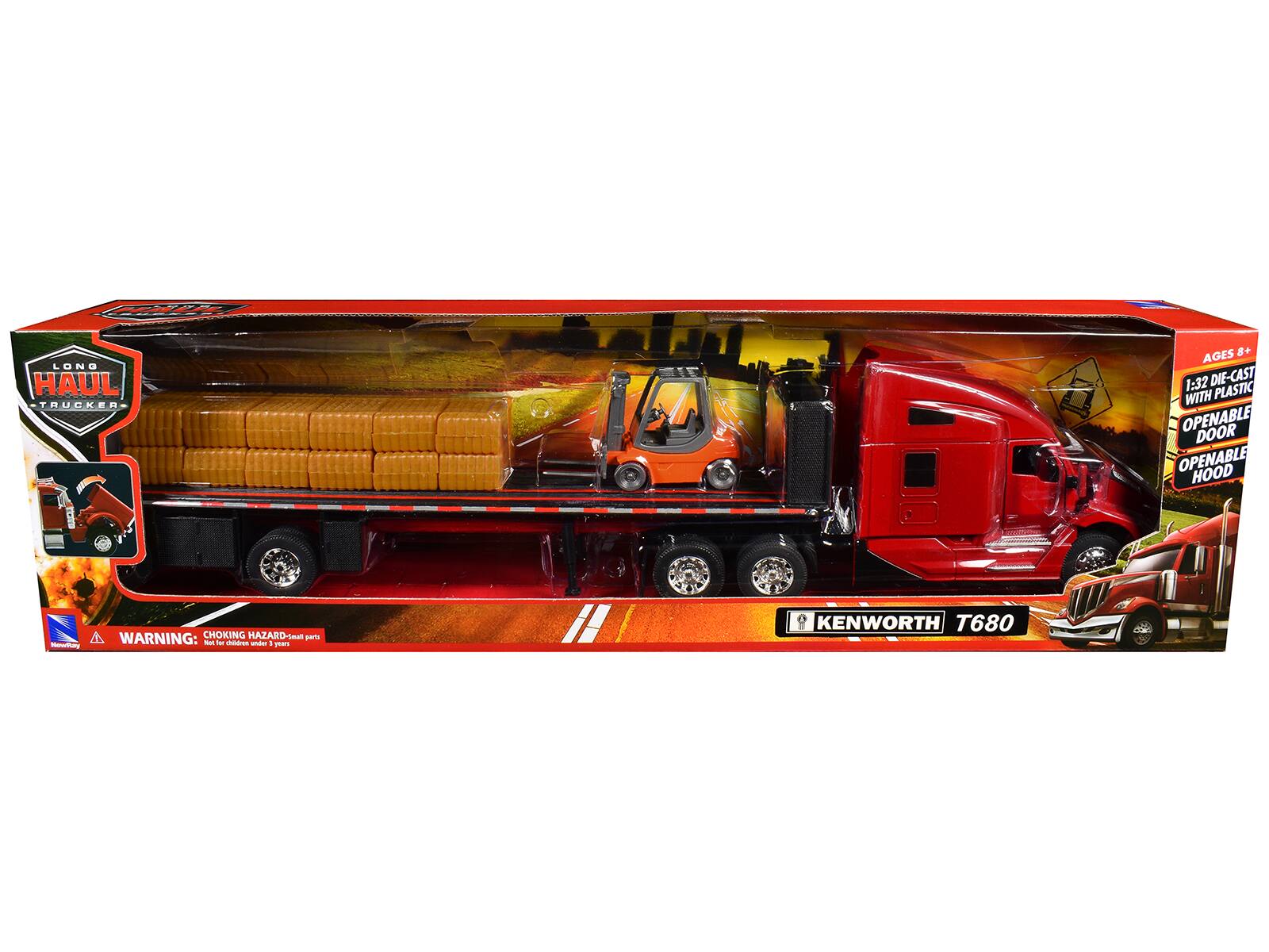 LONG HAUL TRUCKER  
KENWORTH T680  

AGES 8+  
1:32 DIE-CAST WITH PLASTIC  
OPENABLE DOOR  
OPENABLE HOOD  

WARNING: CHOKING HAZARD - small parts  
Not for children under 3 years