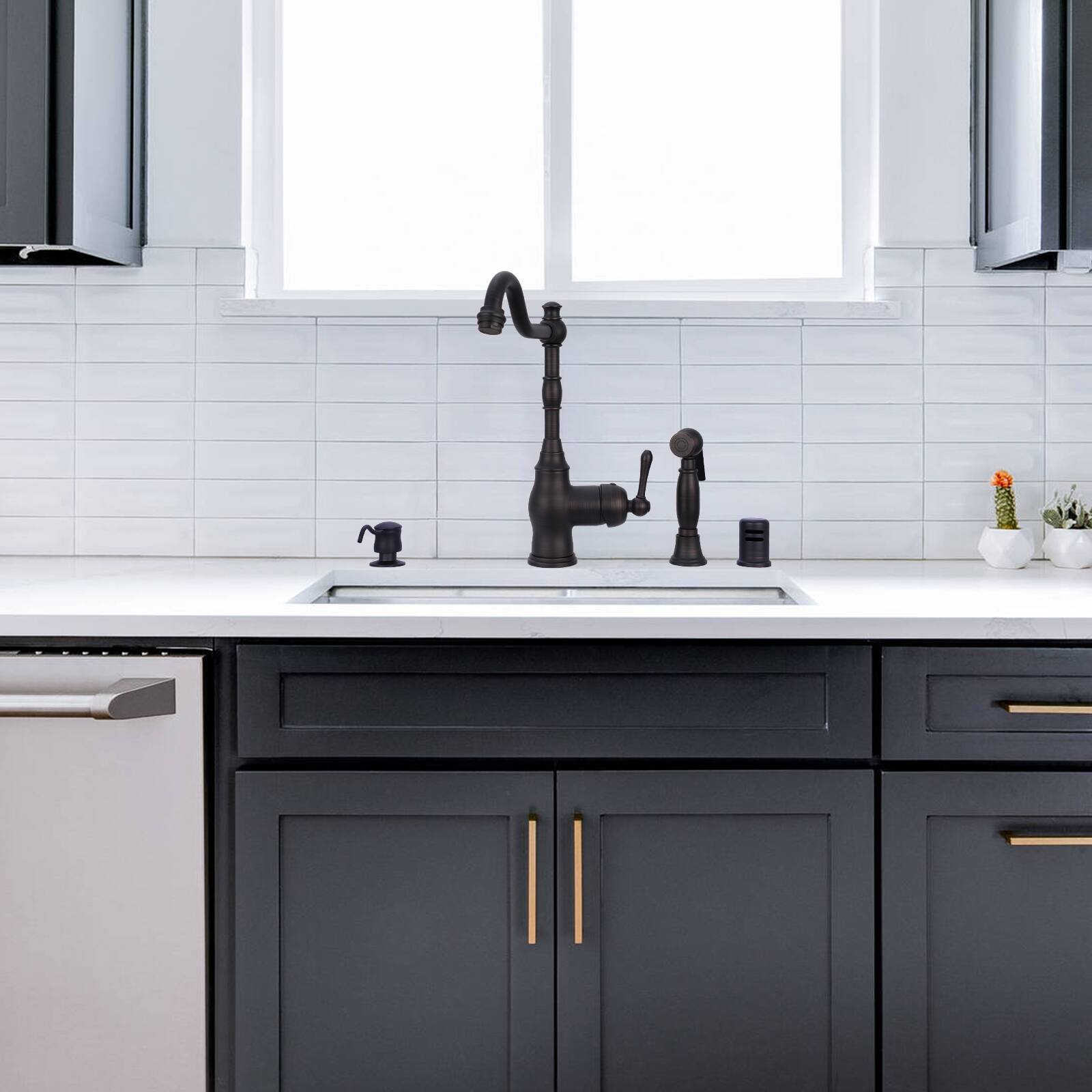 Alt View 3. Akicon - Akicon Solid Brass One-Handle 360° Swivel Widespread Kitchen Faucet with Side Spray in Oil Rubbed Bronze - Oil Rubbed Bronze.