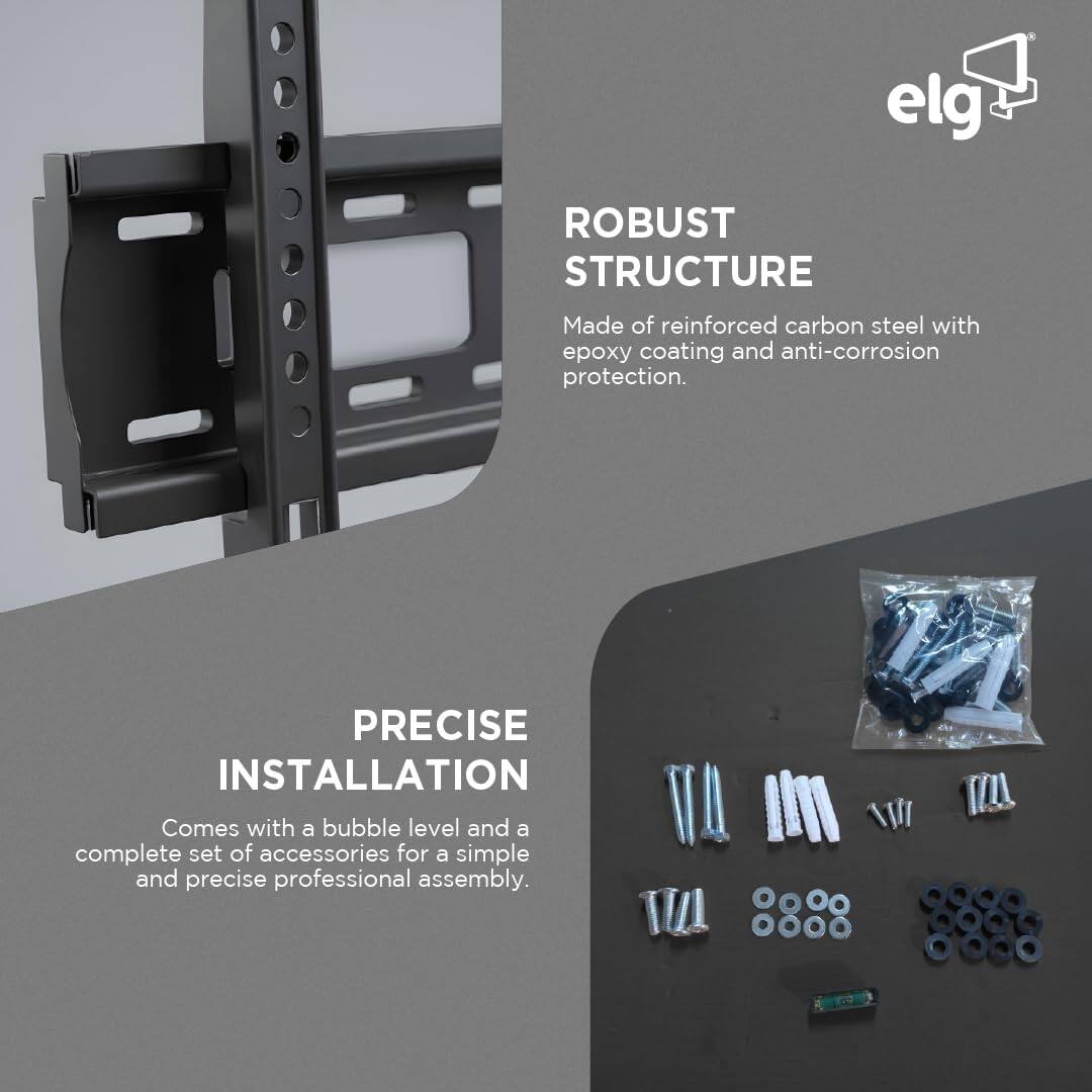 **ROBUST STRUCTURE**  
Made of reinforced carbon steel with epoxy coating and anti-corrosion protection.

**PRECISE INSTALLATION**  
Comes with a bubble level and a complete set of accessories for a simple and precise professional assembly.