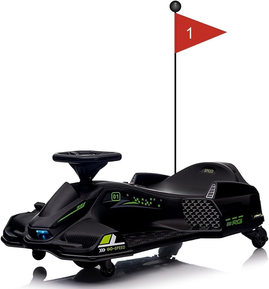 Acekool - 12V Kids Ride On Go Kart, 45W Brushless Motor, Drift System, 5mph, LED, Music, Safety, Ages 8–12 - Black