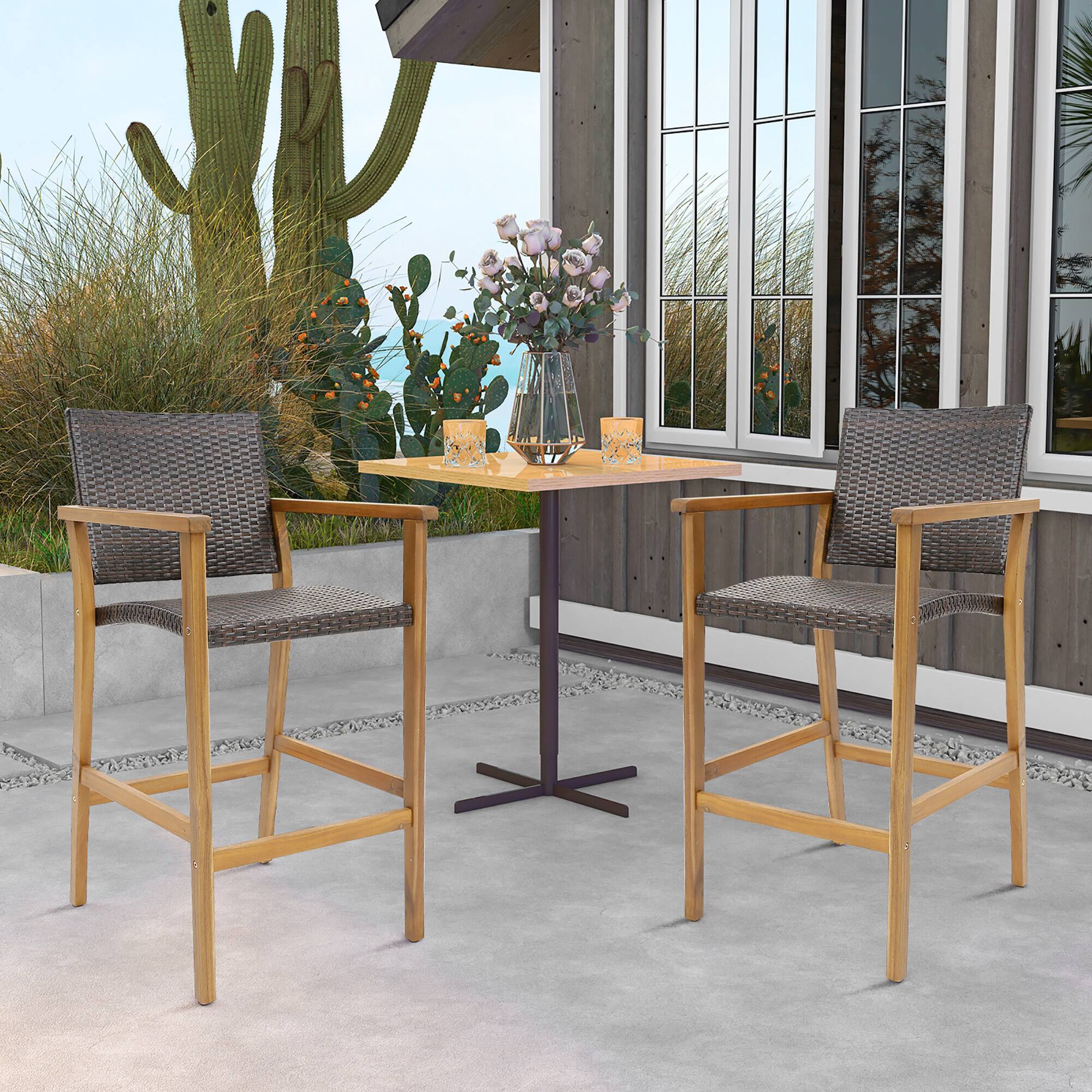 Alt View 3. Gymax - Gymax Patio Rattan Bar Stool Set of 2 Outdoor PE Wicker Bar Chairs w/ Armrests & Sturdy Footrests - Teak, Mix Brown.