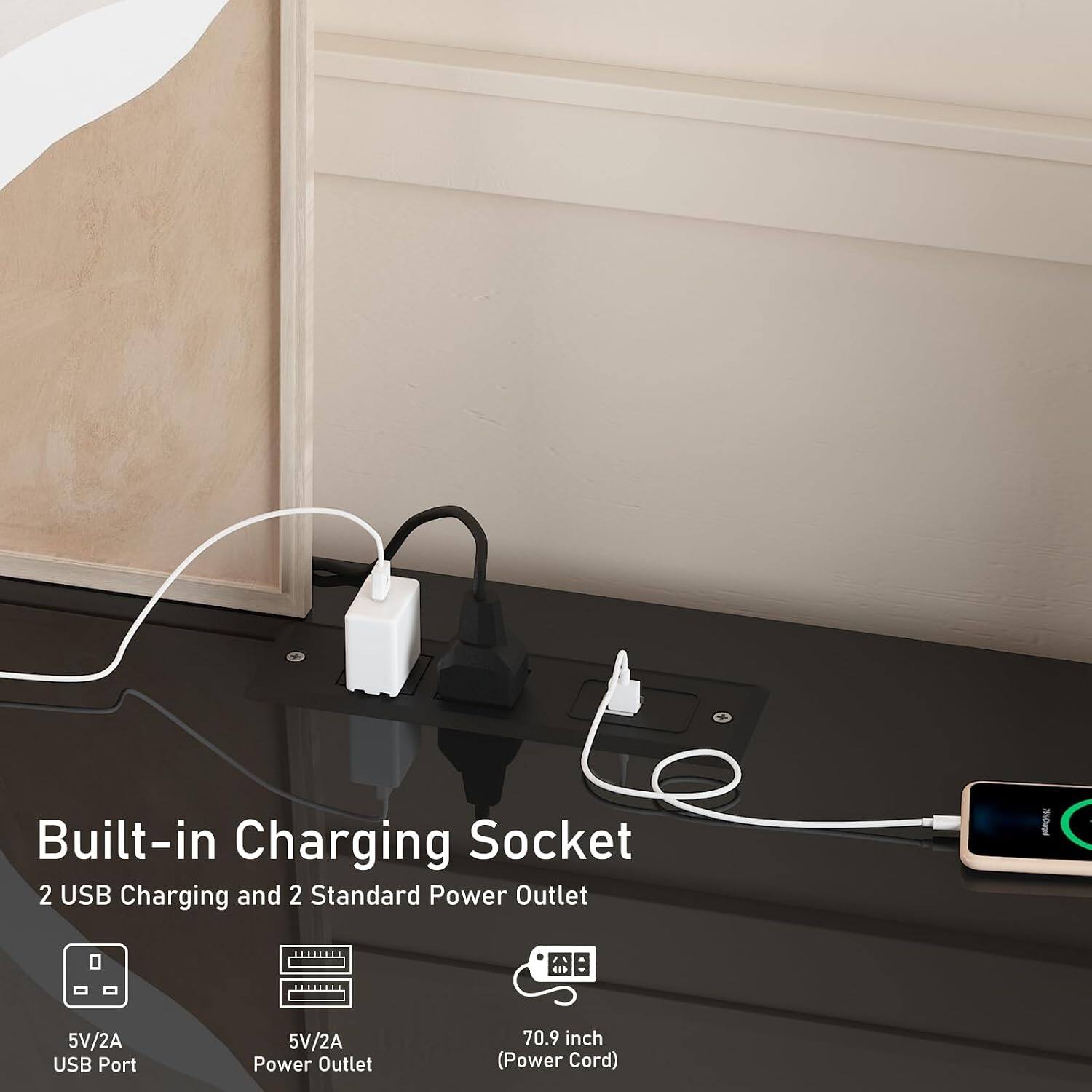 Built-in Charging Socket  
2 USB Charging and 2 Standard Power Outlet  
5V/2A USB Port  
5V/2A Power Outlet  
70.9 inch (Power Cord)