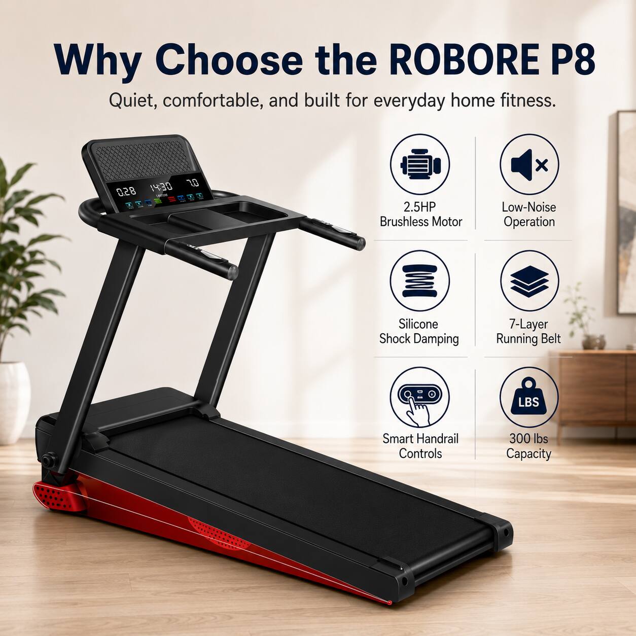 Why Choose the ROBORE P8

Quiet, comfortable, and built for everyday home fitness.

- 2.5HP Brushless Motor
- Low-Noise Operation
- Silicone Shock Damping
- 7-Layer Running Belt
- Smart Handrail Controls
- 300 lbs Capacity