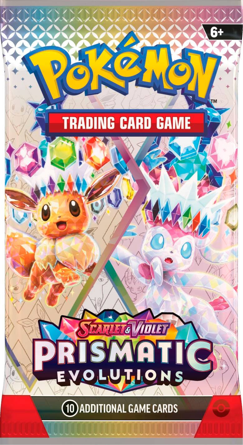 The text on the image reads: "6+ PoKeMoN TM TRADING CARD GAME SCARLET & VIOLET PRISMATIC EVOLUTIONS 10 ADDITIONAL GAME CARDS."
