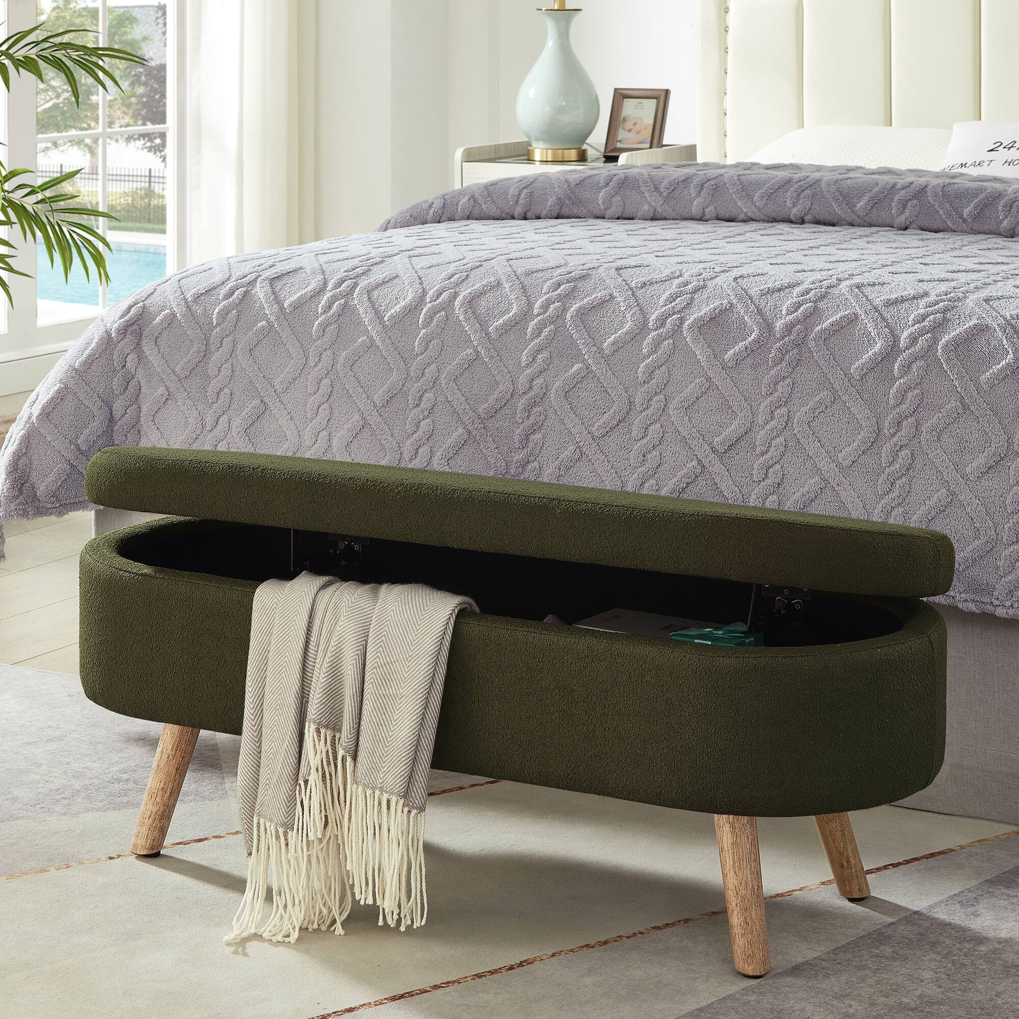 Angle. Ropilly - Ropilly Dark Green Oval Boucle Storage Ottoman Bench, Upholstered Entryway Seat with Wood Legs - Dark Green.