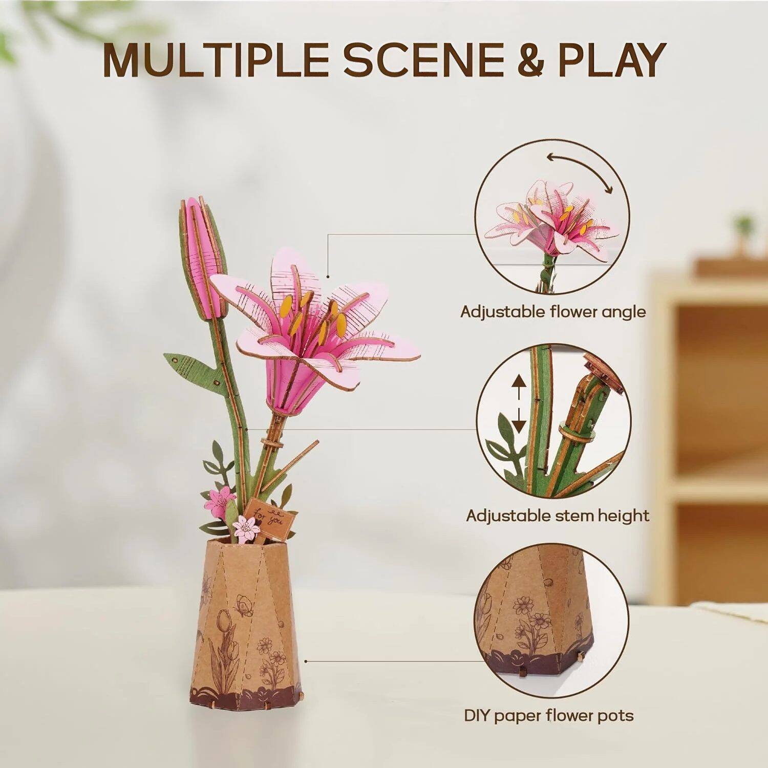 MULTIPLE SCENE & PLAY

- Adjustable flower angle
- Adjustable stem height
- DIY paper flower pots