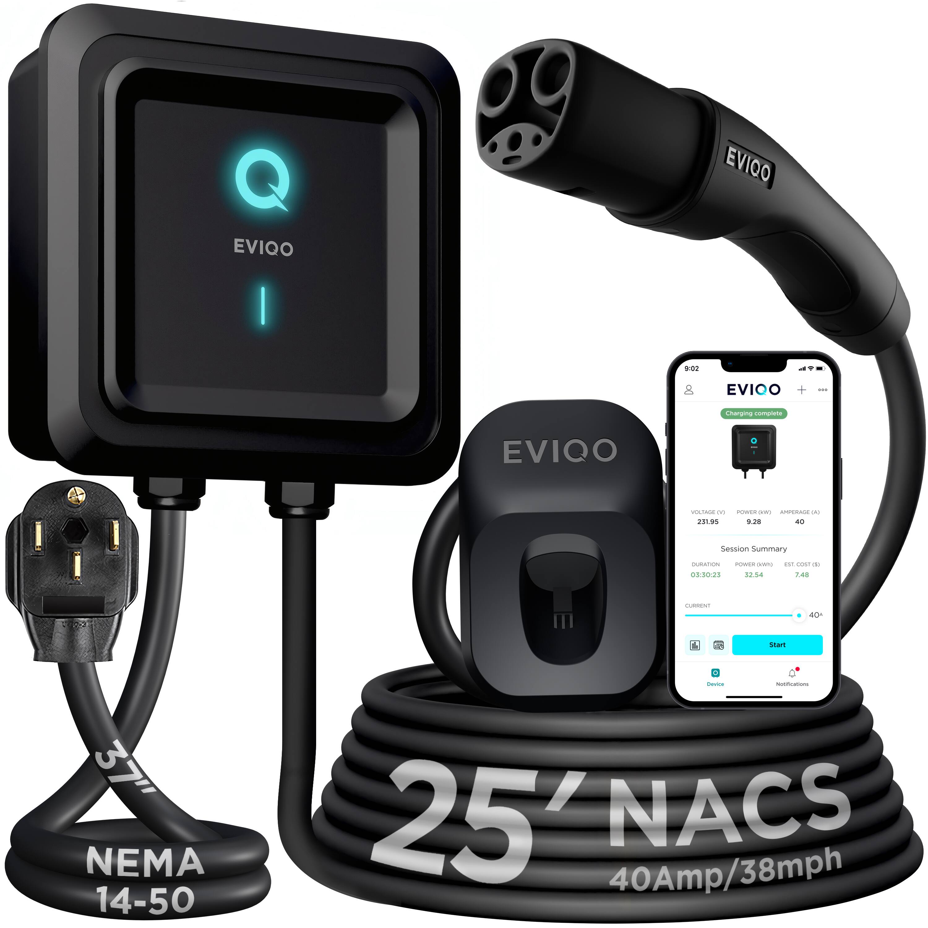 EVIQO - Level 2 EV Charger - NACS Charger Compatible with Tesla - 40 Amp EV Level 2 w/NACS, 240V NEMA 14-50 EVSE, 25' - NACS, 14-50 NEMA PLUG-IN 40 Amps