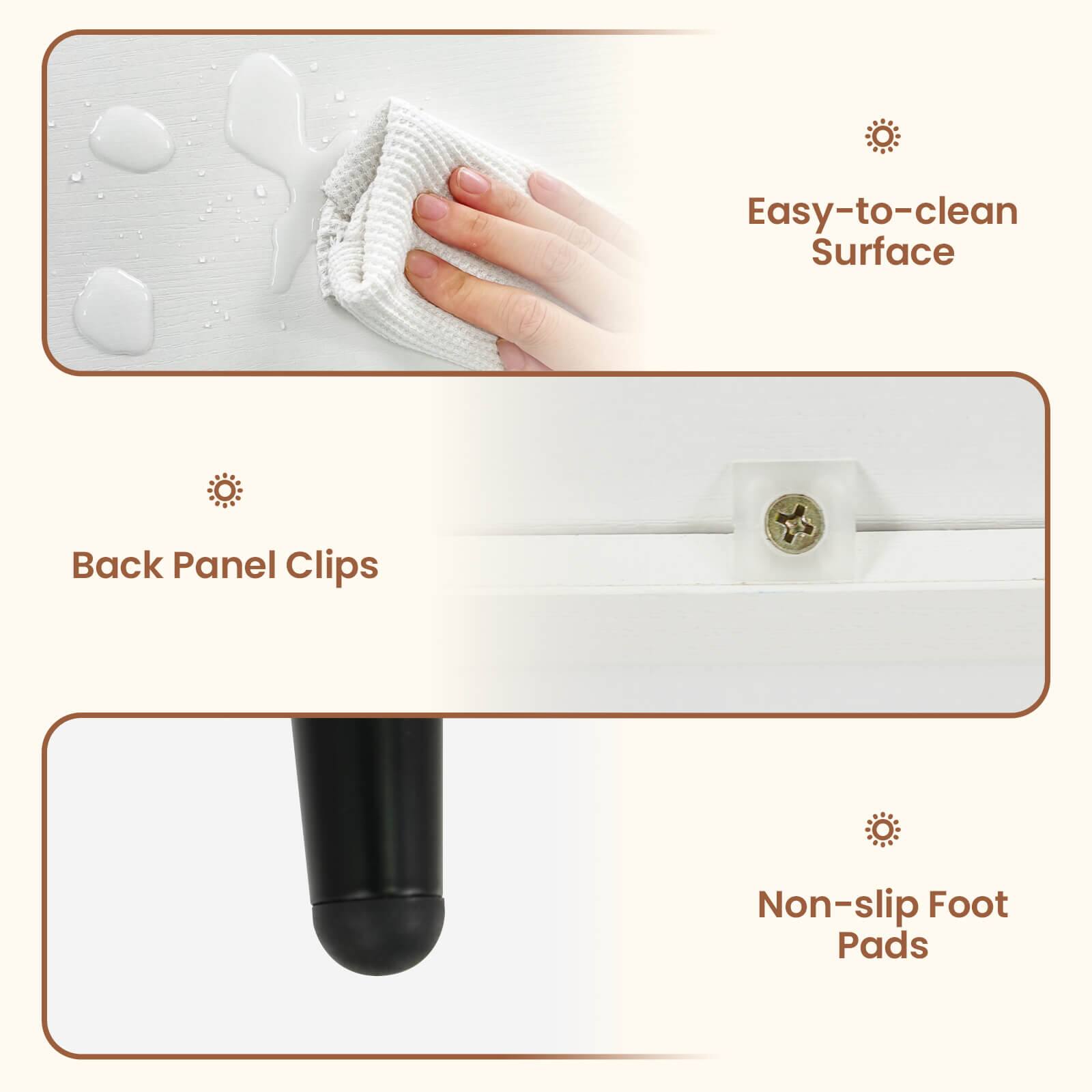 Easy-to-clean Surface, Back Panel Clips, Non-slip Foot Pads