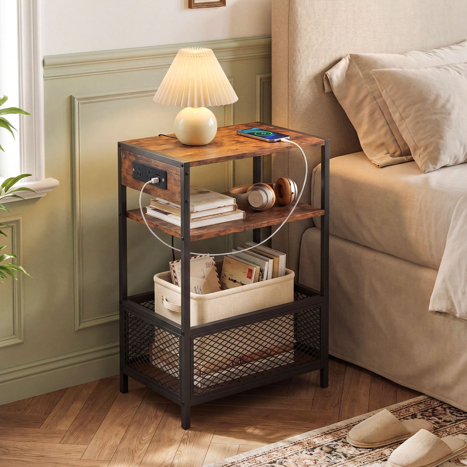 Costway - 1 PCS End Table with Charging Station, Side Table with 2 AC Outlets, 1 USB & 1 Type-C Ports - Rustic Brown + Black price history on PriceWatchPro