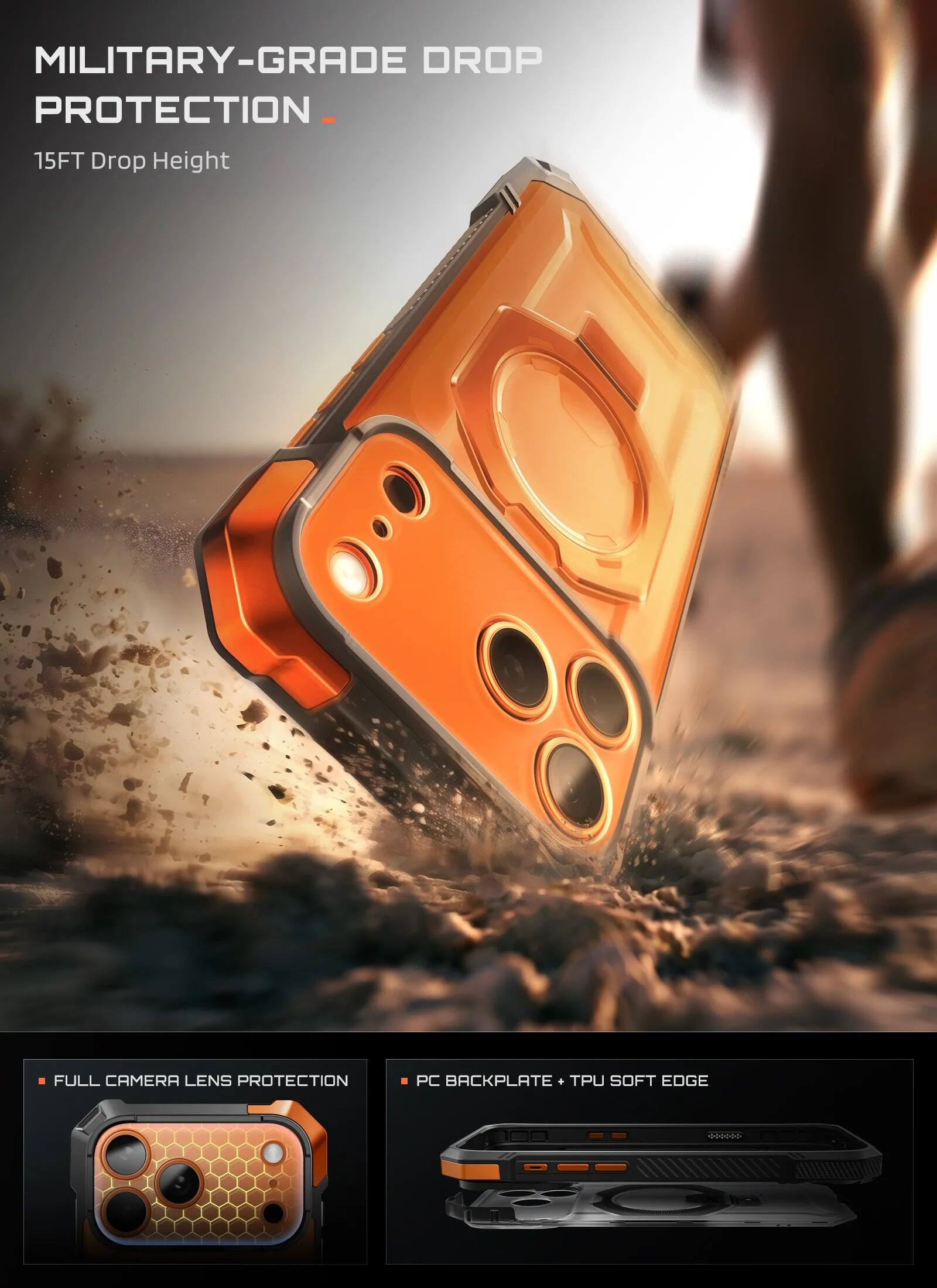 MILITARY-GRADE DROP PROTECTION  
15FT Drop Height  
FULL CAMERA LENS PROTECTION  
PC BACKPLATE + TPU SOFT EDGE