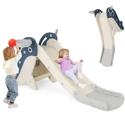 Front. Costway - Costway 4-in-1 Toddler Slide Playground with Basketball Hoop Ball Ring Toss Climbing - Gray.