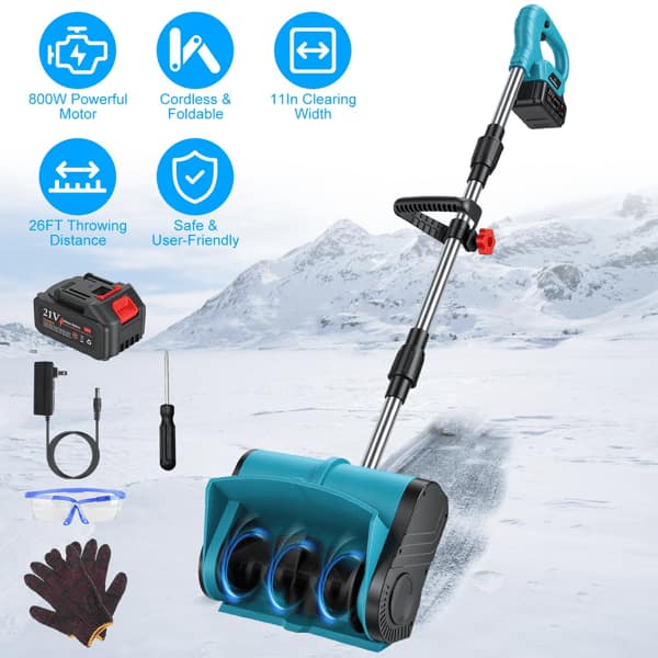 800W Powerful Motor  
Cordless & Foldable  
11" Clearing Width  
26FT Throwing Distance  
Safe & User-Friendly  
21V