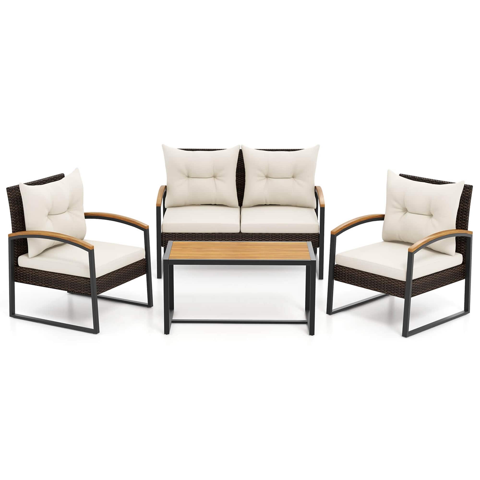Front. Costway - 4 PCS Patio Conversation Set with Coffee Table Solid Acacia Wood Armrests Tabletop - Mix Brown,Off White.