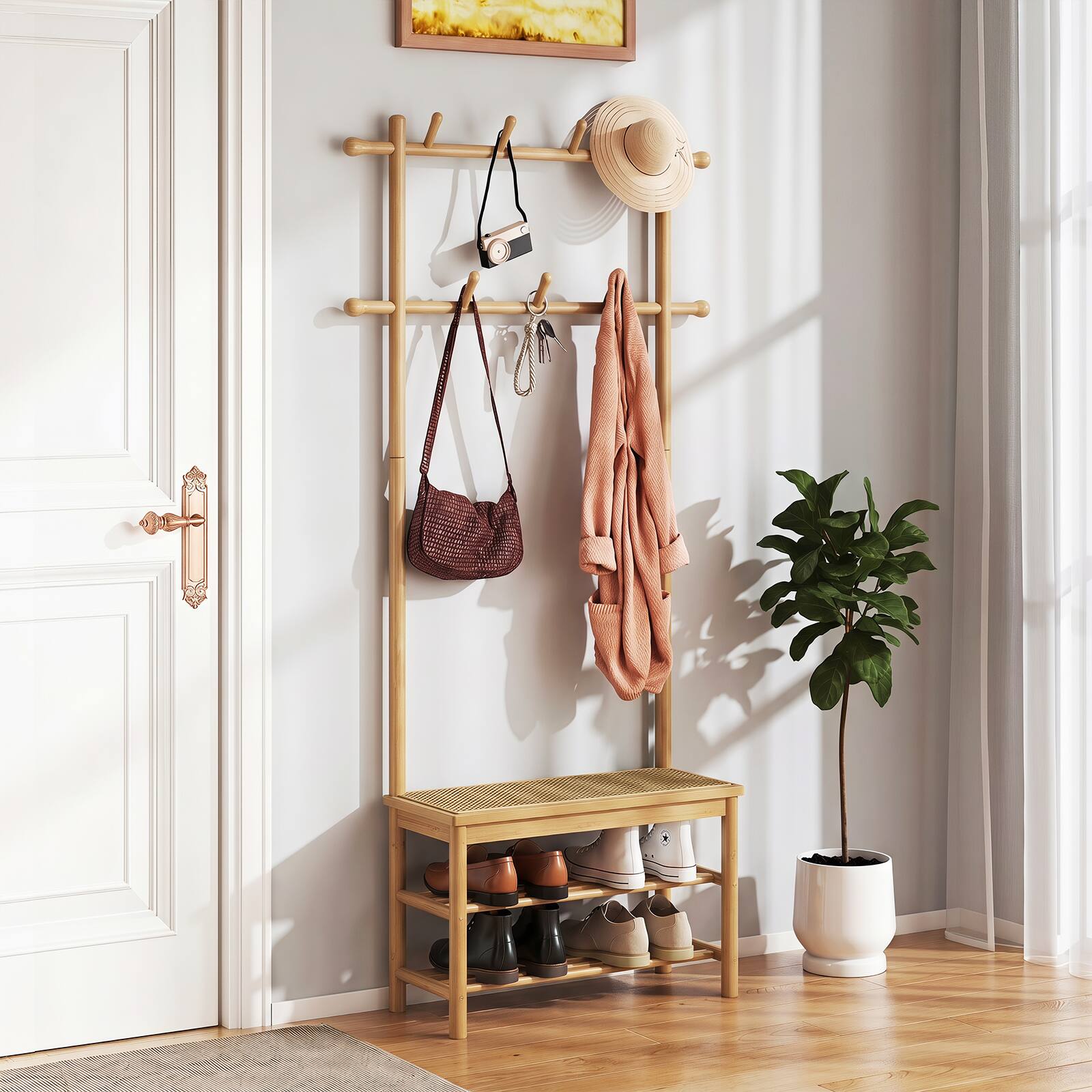 Alt View 1. Costway - Costway Bamboo Coat Rack with Bench Shoe Storage 2 Hanging Rods 11 Hanging Hooks Shelves - Beige.