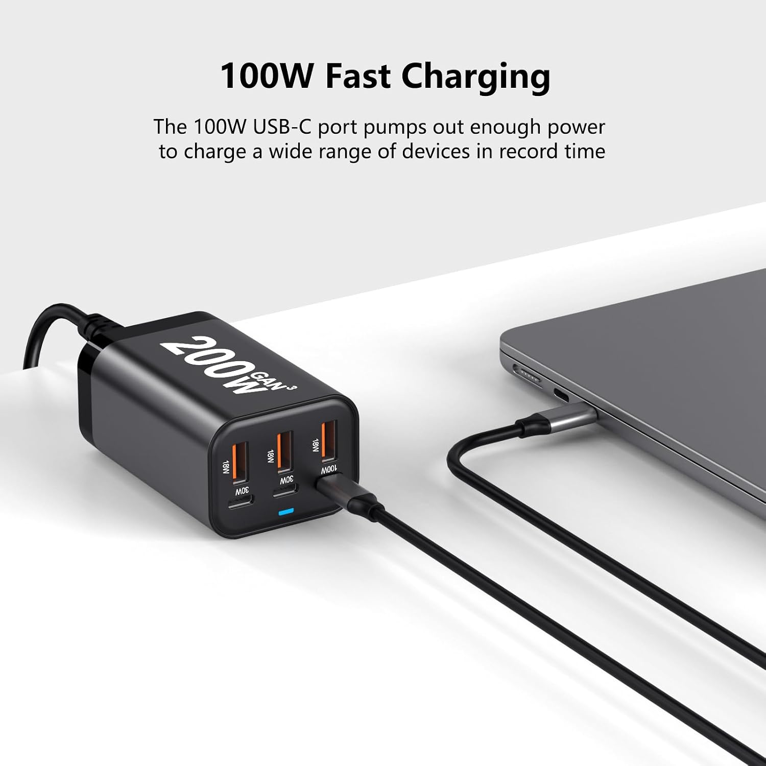 100W Fast Charging  
The 100W USB-C port pumps out enough power to charge a wide range of devices in record time  

200W GAN3  
18W 18W 18W 100W 30W 30W