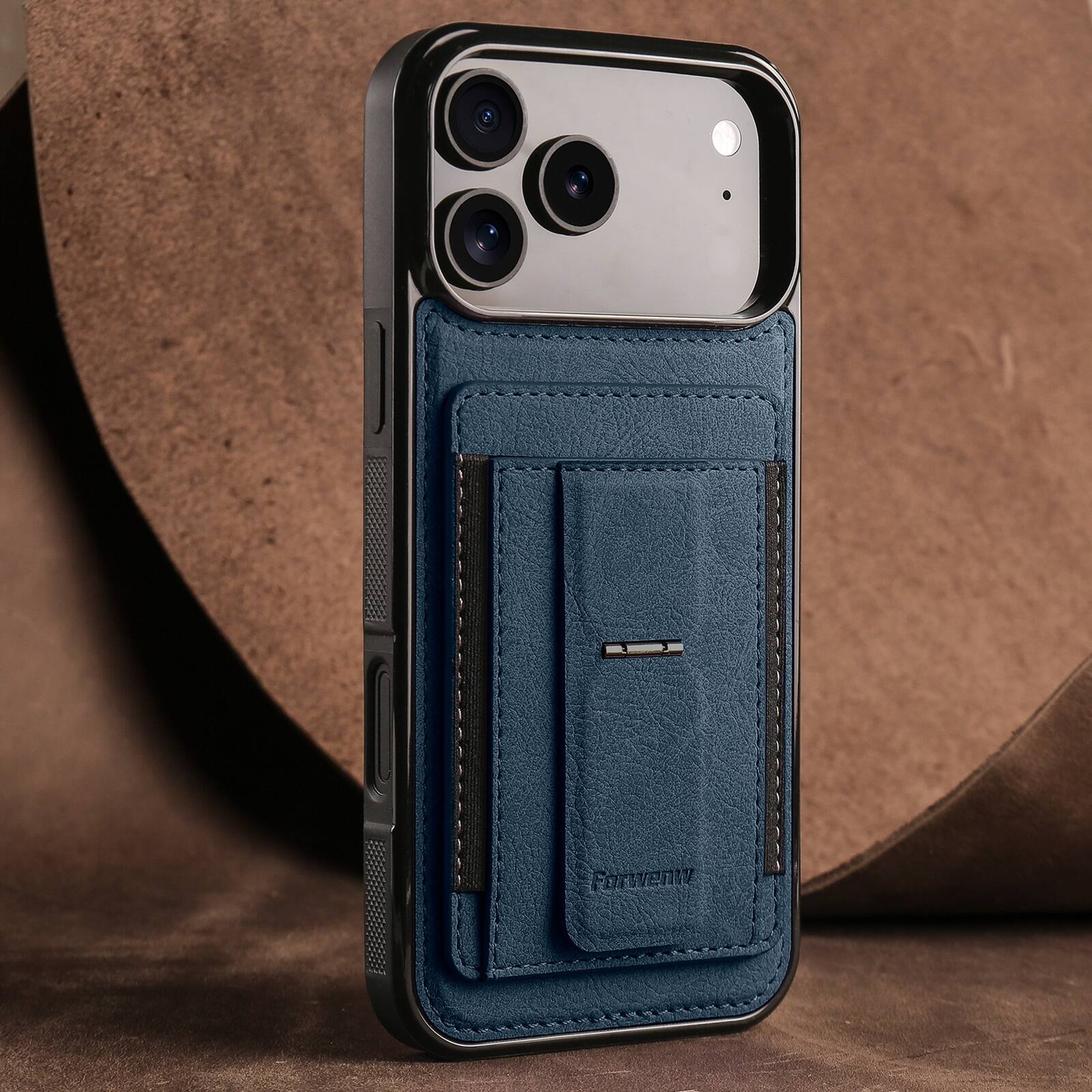 Back. Dteck - Slim Card Holder Case for Apple iPhone 17 Pro, Shockproof Wallet Protective Cover with Kickstand - Blue.