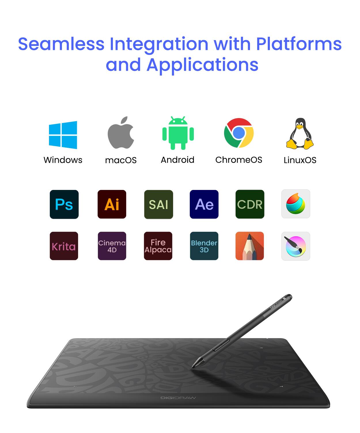 Seamless Integration with Platforms and Applications

Windows, macOS, Android, ChromeOS, LinuxOS

Ps, Ai, SAI, Ae, CDR, Krita, Cinema 4D, Fire Alpaca, Blender 3D, DIGIDRAW