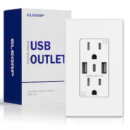 ELEGRP - 3 Ports Dual Type A & Type C USB Charger Wall Outlet, 15 Amp Tamper-Resistant Outlet w/Wall Plate, (1 Pack) - White