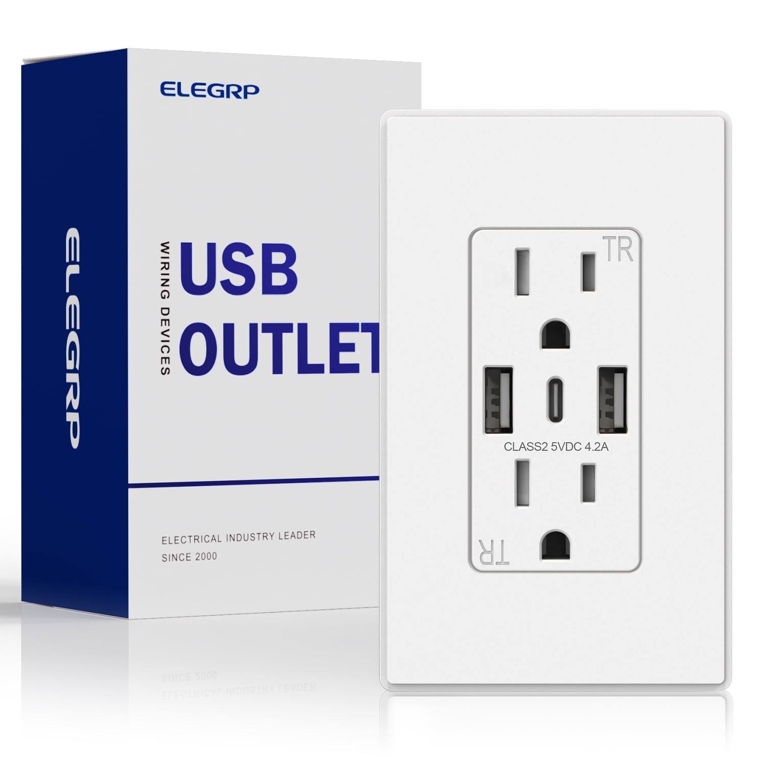 ELEGRP  
USB OUTLET  
WIRING DEVICES  

ELECTRICAL INDUSTRY LEADER  
SINCE 2000  

CLASS2 5VDC 4.2A  

TR