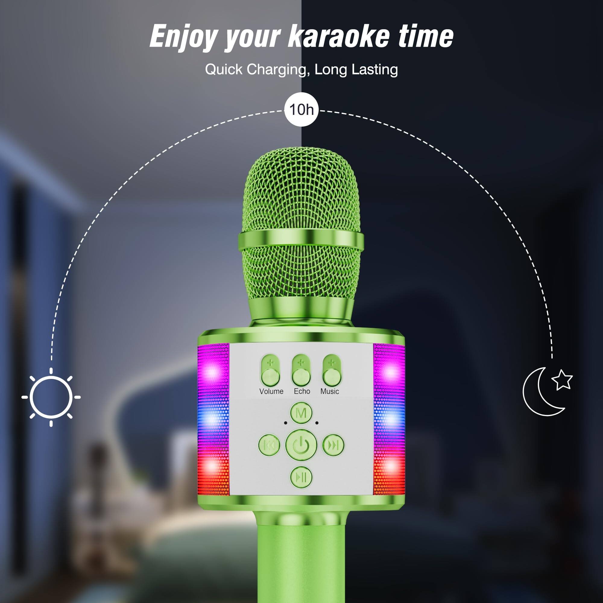 Enjoy your karaoke time  
Quick Charging, Long Lasting  
10h  

Volume  
Echo  
Music