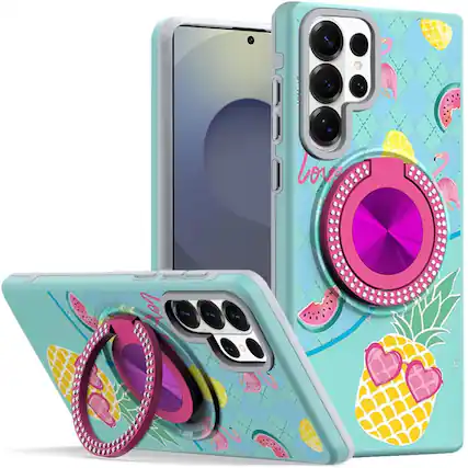 Front. Kitcheniva - Stylish Bling Ring Stand Protective Case With Tempered Glass For Samsung S26 Ultra Pineapple - Pineapple.