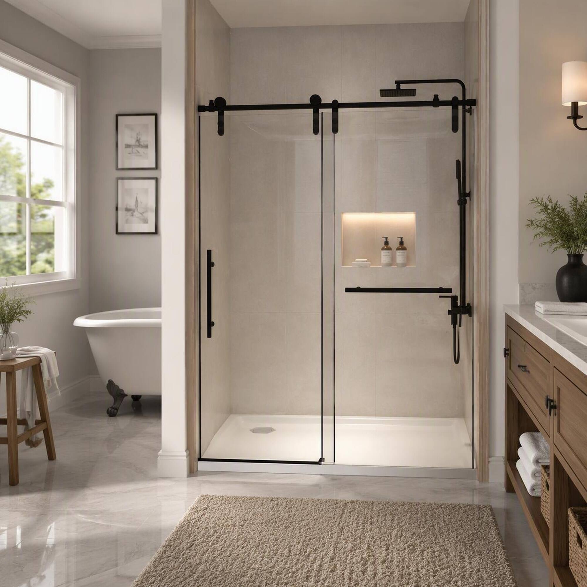 Back. RYHNUYNE - 56-60 In X 76 In H Frameless Sliding Shower Door, 5/16 In Clear Tempered Glass Matte Black Finish - Matte Black.