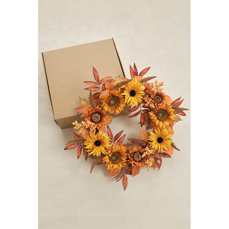 Back. Siljoy - 22" Artificial Orange Sunflower Wreath - Burnt Orange .