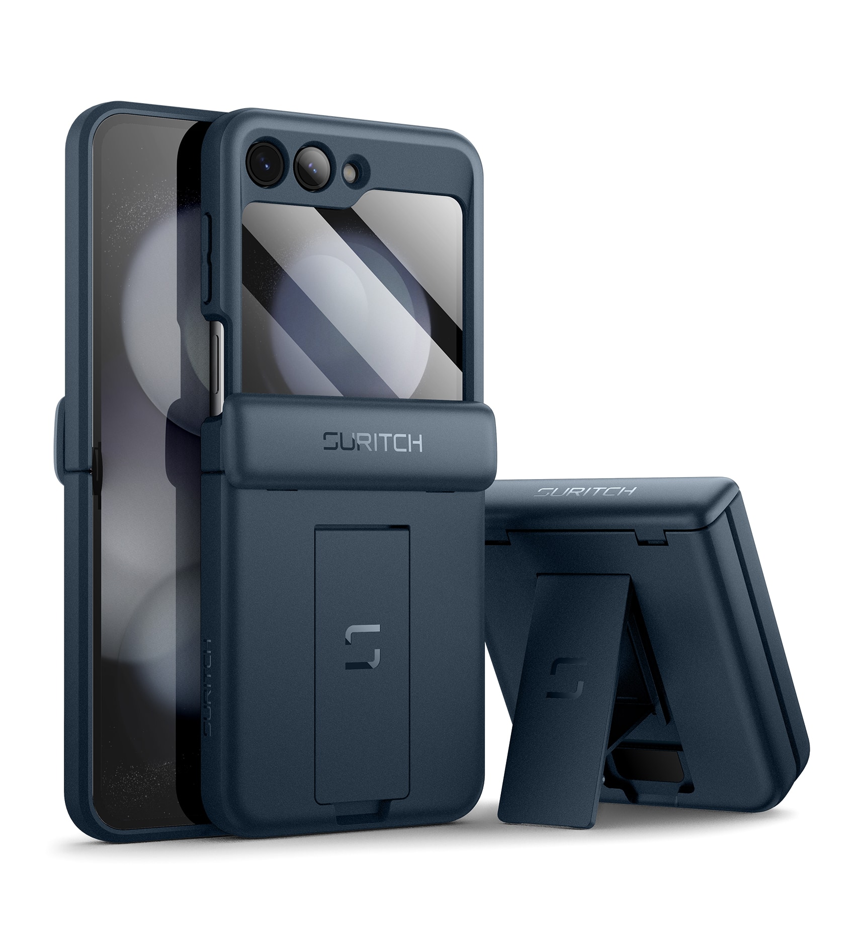 SURITCH - Case for Samsung Galaxy Z Flip 5 with Screen Protector & Kickstand, Hinge Protection, Full-Body Shockproof Cover - Deep Blue