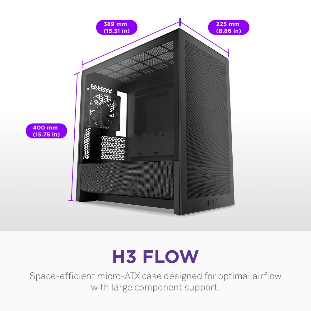 The text on the image reads: "389 mm (15.31 in) 225 mm (8.86 in) 400 mm (15.75 in) MAXT H3 FLOW Space-efficient micro-ATX case designed for optimal airflow with large component support."