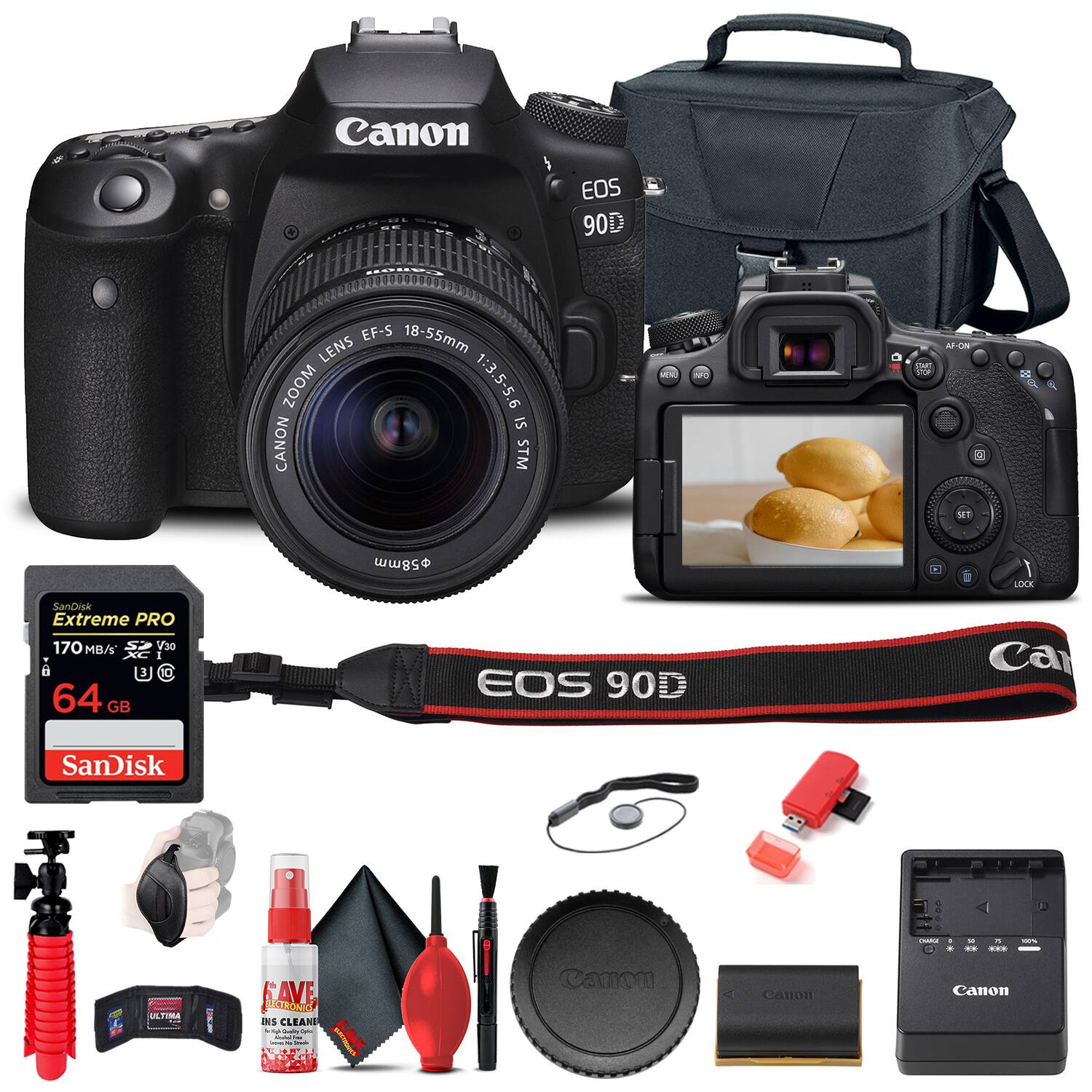 Canon - EOS 90D DSLR Camera with 18-55mm Lens (3616C009) + 64GB Memory Card + Case