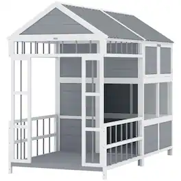 Pawhut - Large Dog House Outdoor, Wooden Dog Kennel with Porch, Storage Cabinet - Gray
