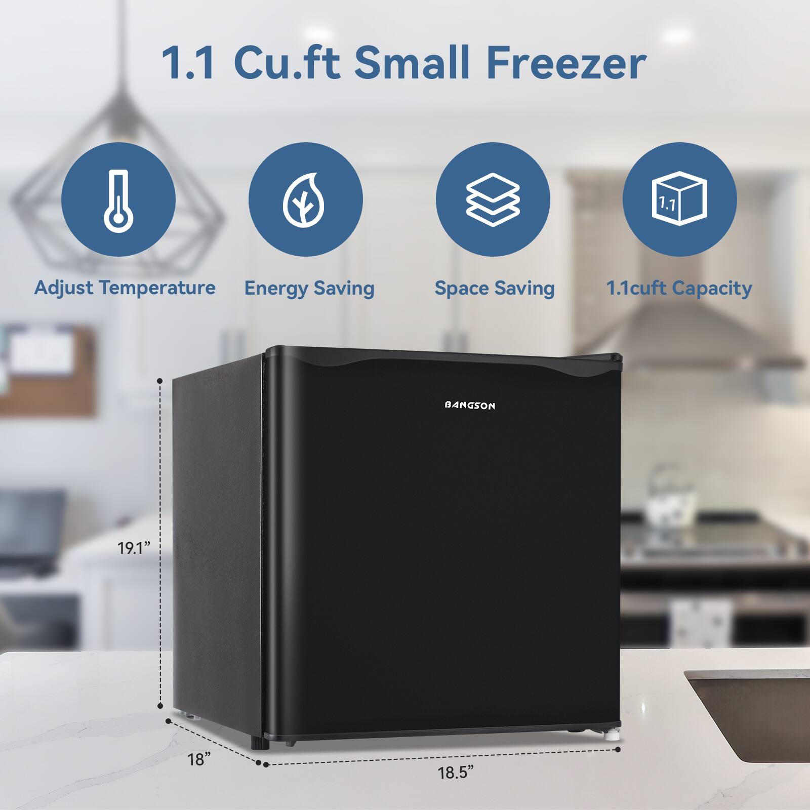 1.1 Cu.ft Small Freezer  
- Adjust Temperature  
- Energy Saving  
- Space Saving  
- 1.1cuft Capacity  
- Dimensions: 19.1" x 18" x 18.5"