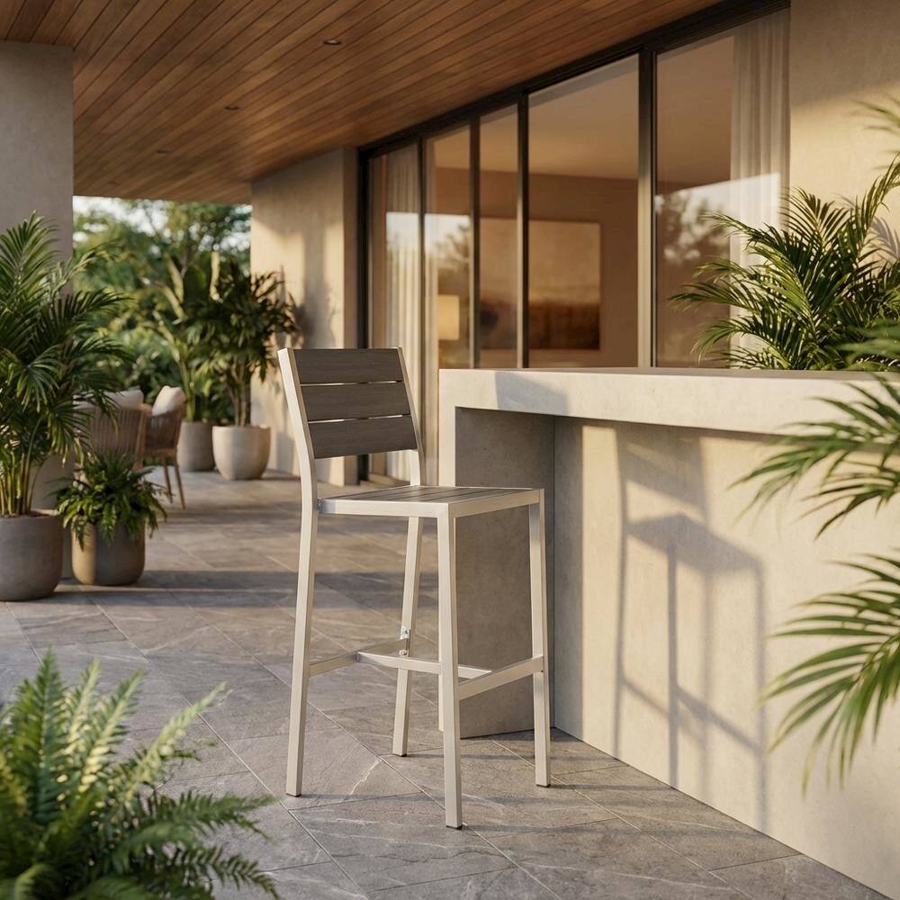 Angle. Outdoor Escape - Aluminum Outdoor Bar Stool With Backrest And Lightweight Design - Gray.