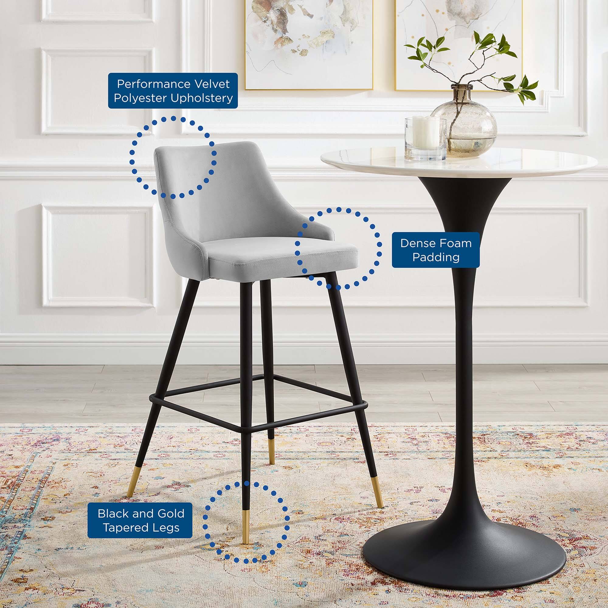 Performance Velvet Polyester Upholstery  
Dense Foam Padding  
Black and Gold Tapered Legs