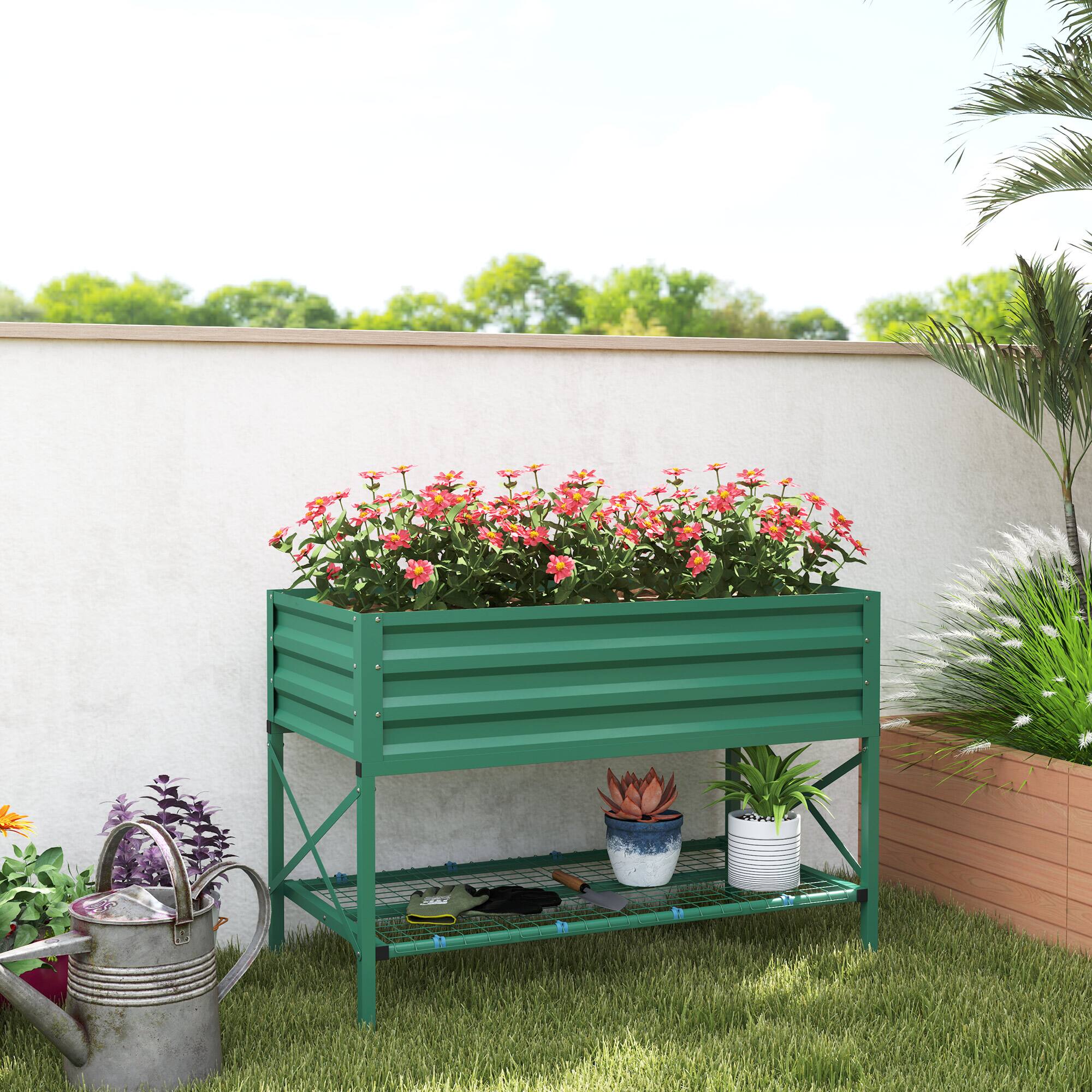 Alt View 1. Outsunny - Raised Garden Bed with Galvanized Steel Frame, Storage Shelf and Bed Liner, Elevated Planter Box with Legs - Green.