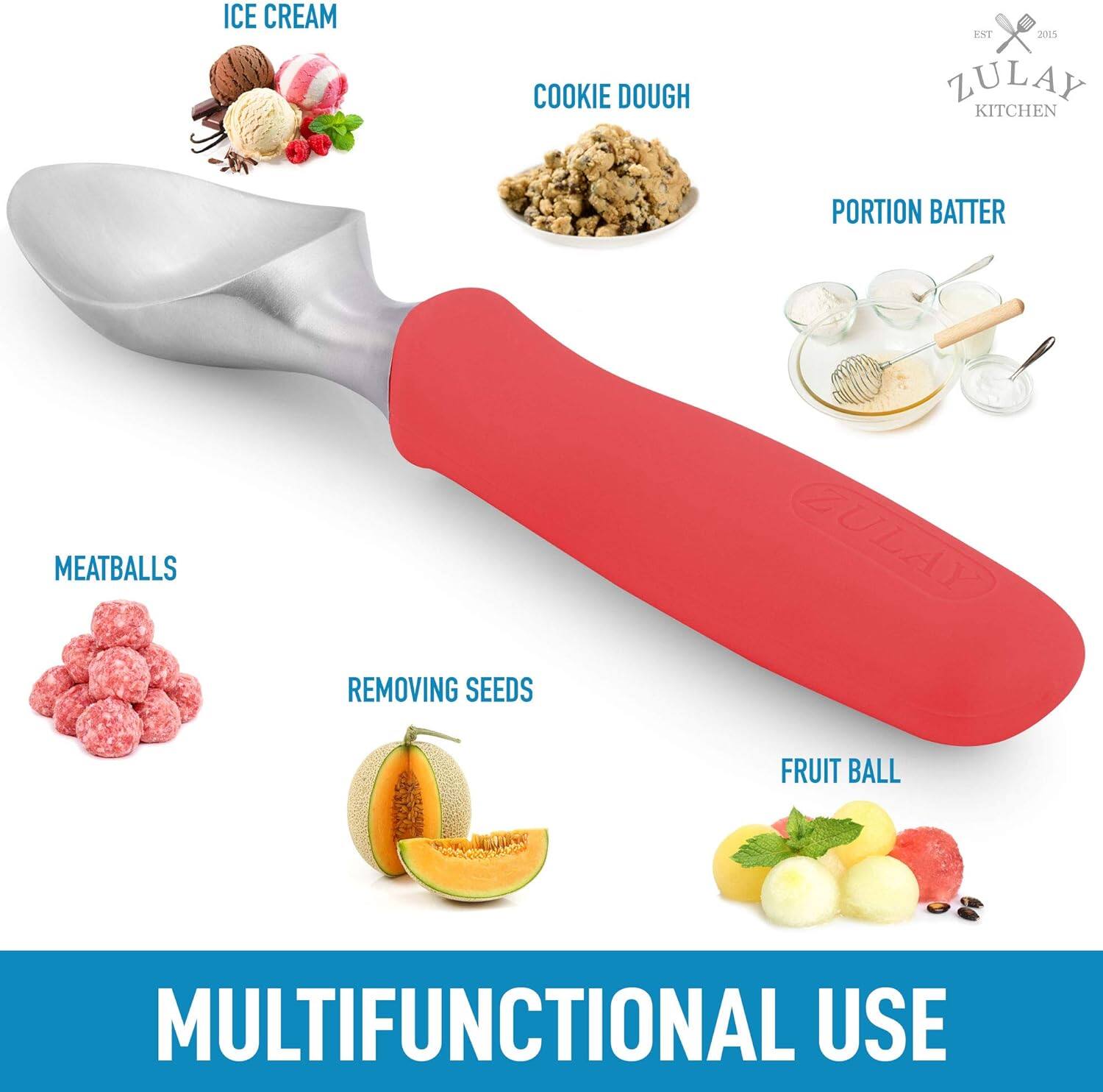 ICE CREAM  
COOKIE DOUGH  
PORTION BATTER  
MEATBALLS  
REMOVING SEEDS  
FRUIT BALL  

MULTIFUNCTIONAL USE  

ZULAY KITCHEN  
EST 2015