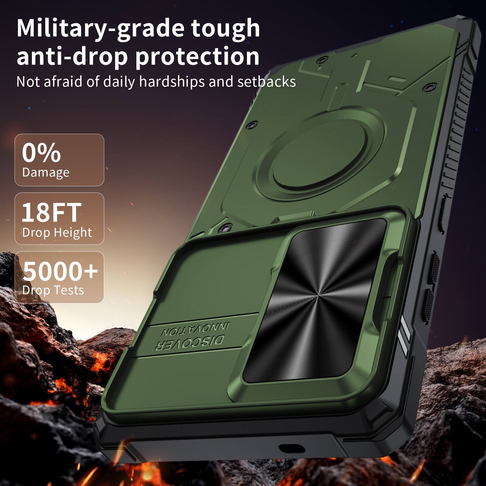 Military-grade tough anti-drop protection  
Not afraid of daily hardships and setbacks  

0% Damage  
18FT Drop Height  
5000+ Drop Tests