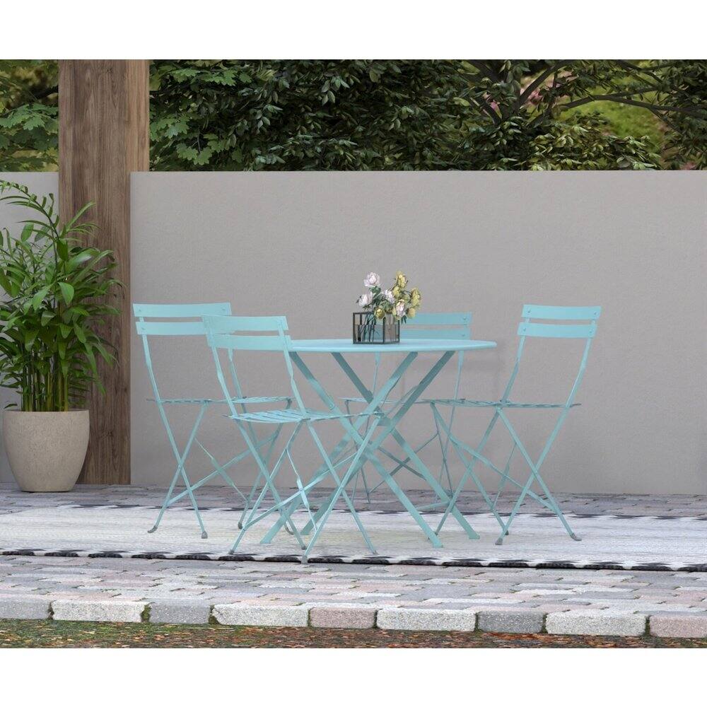Left. Carolina Chair & Table - Bistro 36" Round Folding Outdoor Table - Umbrella Hole - Teal - Blue.