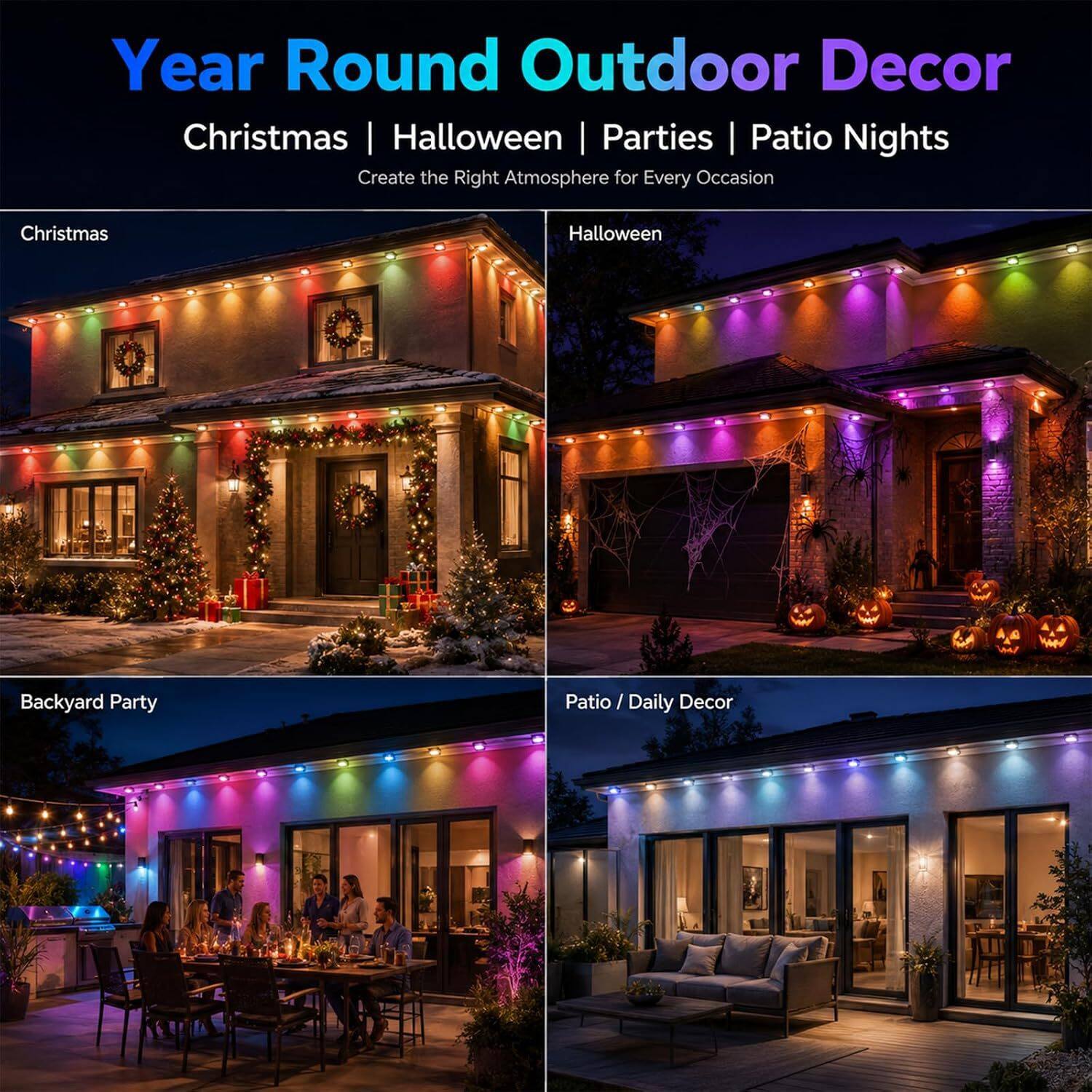 Year Round Outdoor Decor  
Christmas | Halloween | Parties | Patio Nights  
Create the Right Atmosphere for Every Occasion  

Christmas  
Halloween  
Backyard Party  
Patio / Daily Decor
