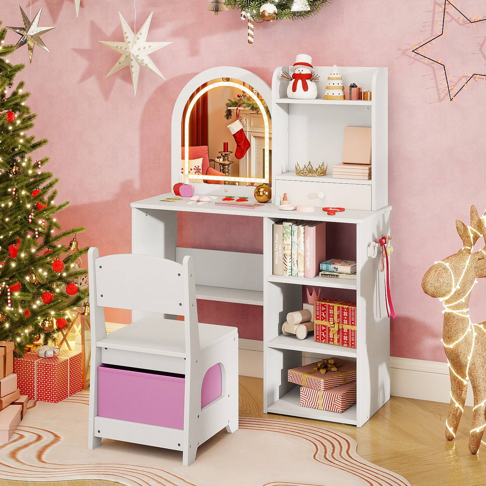 Alt View 1. Costway - Costway Kids Vanity Set Princess Girls Makeup Vanity Desk with 3-Color LED Lighted Mirror - White.