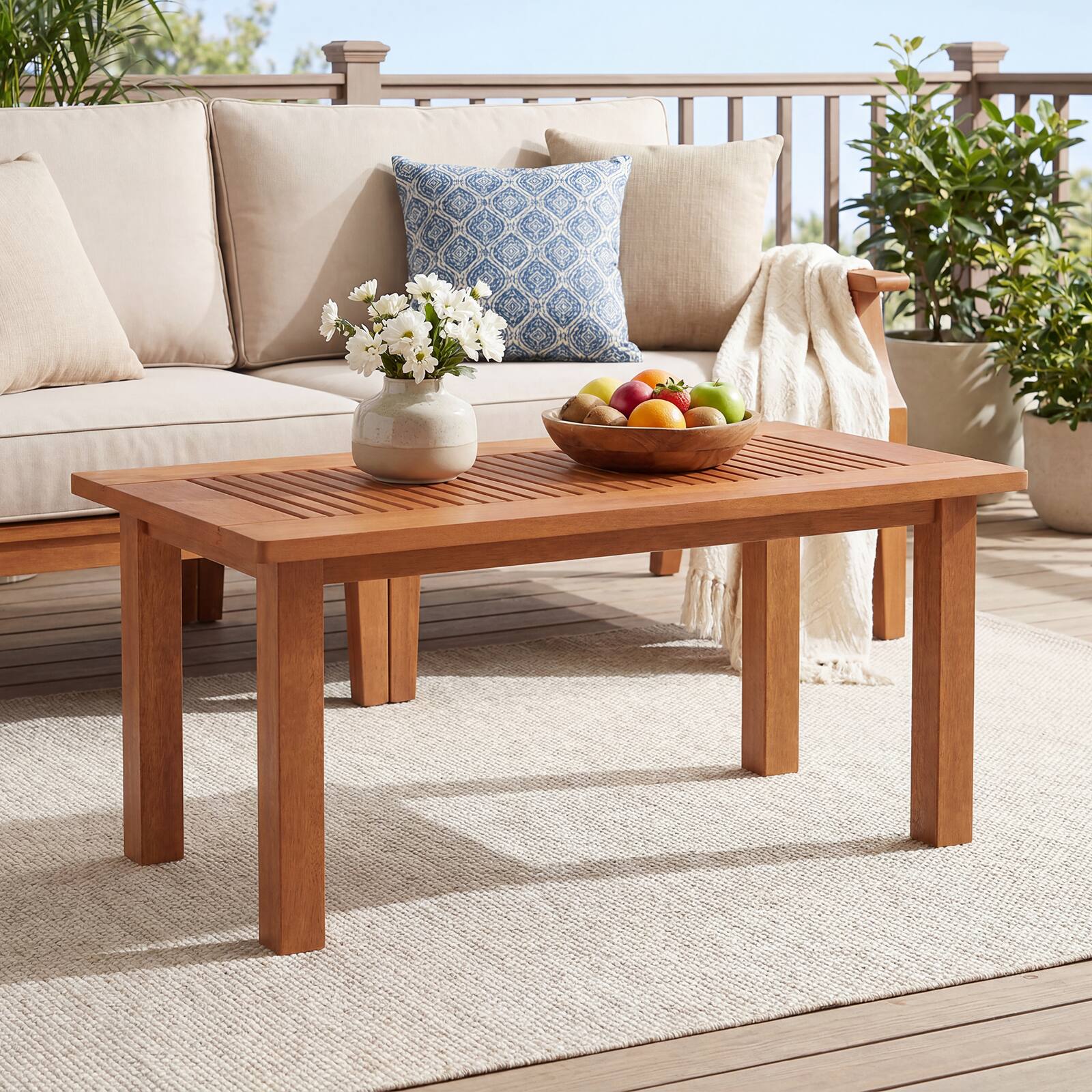 Costway - 35.5 Inch Outdoor Coffee Table with Slatted Top, Teak Oil Finish for Deck, Garden - Brown