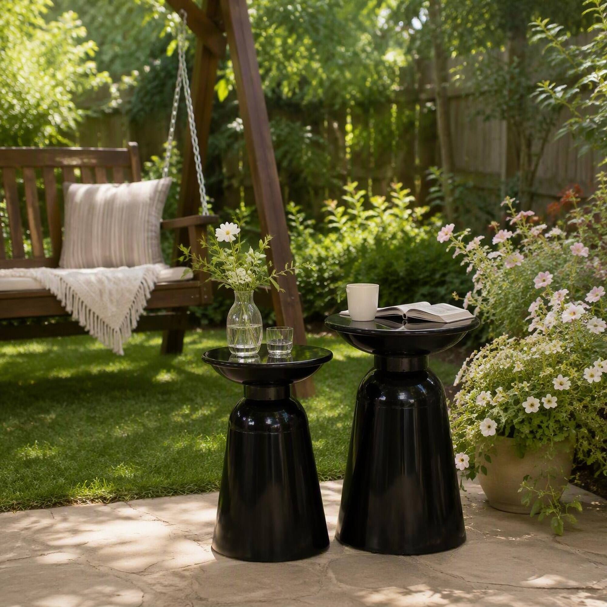 Back. RYHNUYNE - Outdoor Iron Side Table Set of 2 with Flared Pedestal Base, Black Powder-Coated Finish for Patio - Black.