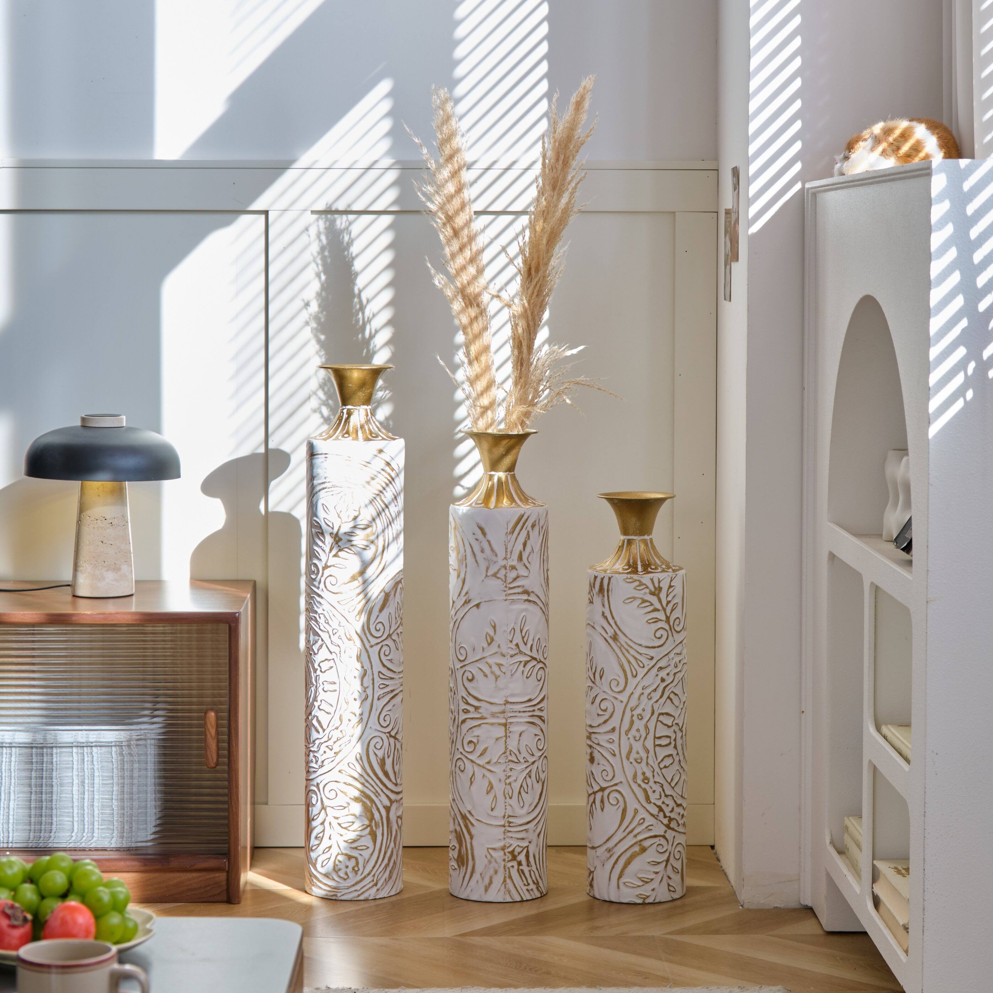 Back. Anysun - White Metal Floor Vases Set of 3 - Glazed Finish, 24in/28.7in/33.5in Height for Home Decor - White.